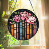 Books and Peonies Stained Glass Suncatcher Round Floral Library Window Hanging Reading Nook Decor Gift for Book Lovers
