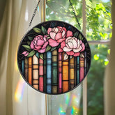 Books and Peonies Stained Glass Suncatcher Round Floral Library Window Hanging Reading Nook Decor Gift for Book Lovers