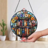 Bookshelf Stained Glass Suncatcher Colorful Book Lover Window Hanging Floral Butterfly Glass Panel Reading Room Decor