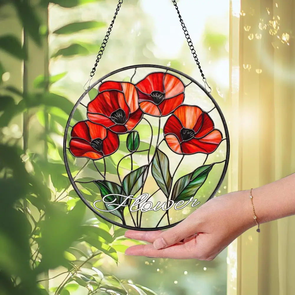 Botanical Poppy Glass Window Hanging Floral Suncatcher Art Handmade Nature Gift for Her Mother’s Day Home Decor Flower