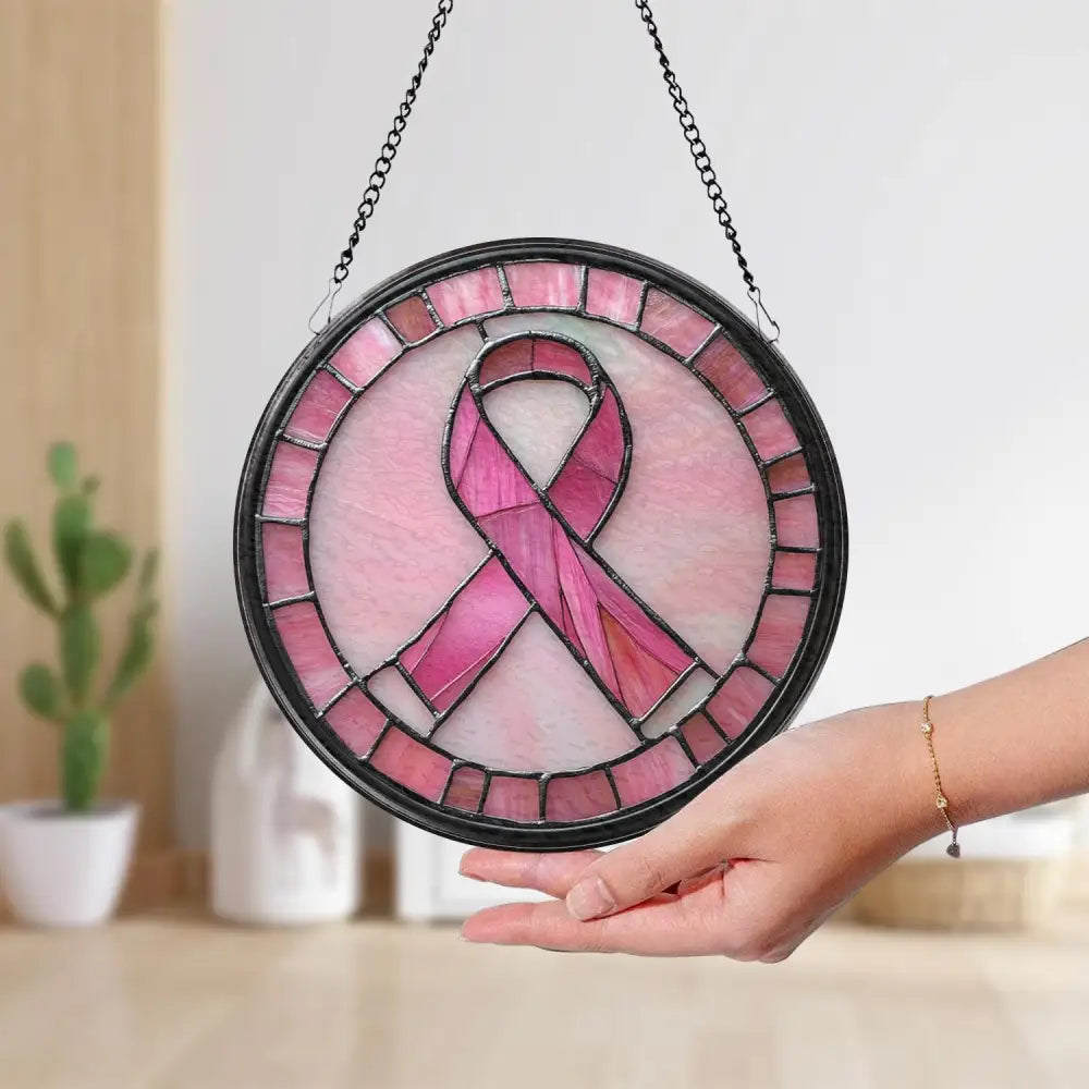 Breast Cancer Awareness Glass Suncatcher Pink Ribbon Window Hanging Gift for Survivors Inspirational Decor,Support