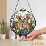 Bunny Couple Stained Glass Suncatcher Floral Rabbit Window Panel Spring Garden Animal Decor Easter Gift for Her