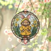 Bunny in Raincoat Stained Glass Suncatcher Spring Rabbit Window Hanging Cute Yellow Coat Glass Panel Easter Gift for