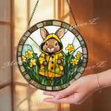 Bunny in Yellow Raincoat Stained Glass Suncatcher Spring Window Hanging Panel Cute Rabbit Garden Decor for Kids Room or