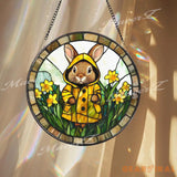 Bunny in Yellow Raincoat Stained Glass Suncatcher Spring Window Hanging Panel Cute Rabbit Garden Decor for Kids Room or