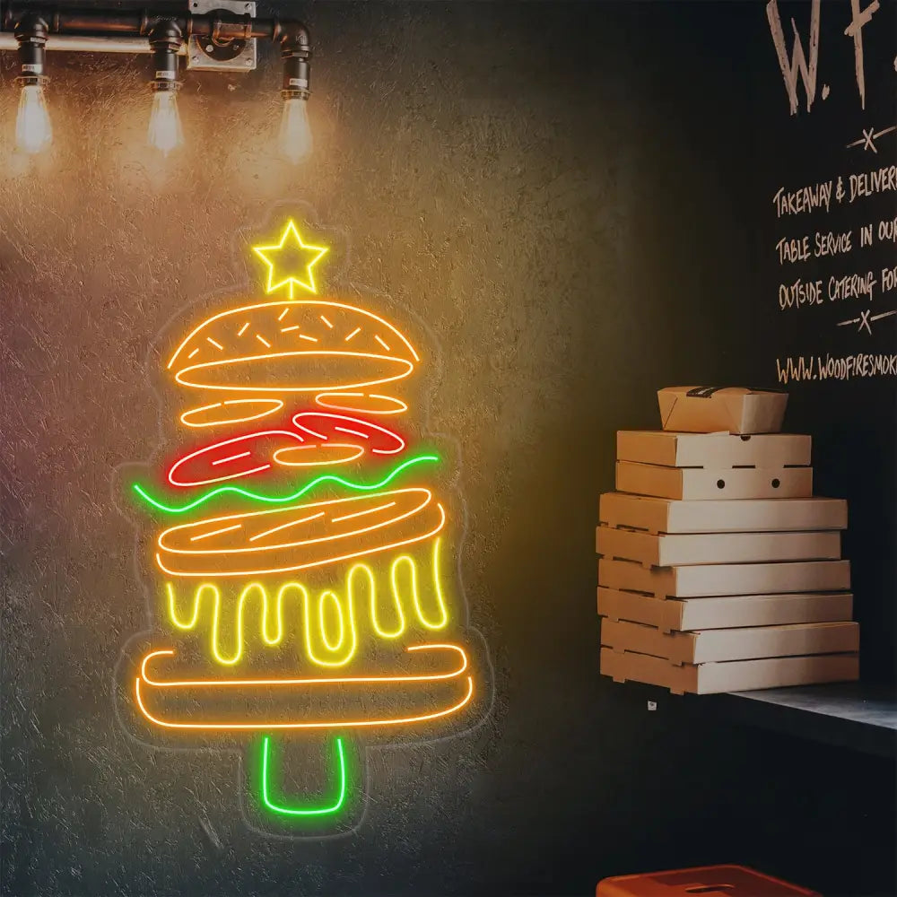 Burger Christmas Tree Neon Sign Custom Hamburger LED Neon Fast Food Coffee Shop Restaurant Bar Decoration Welcome Sign
