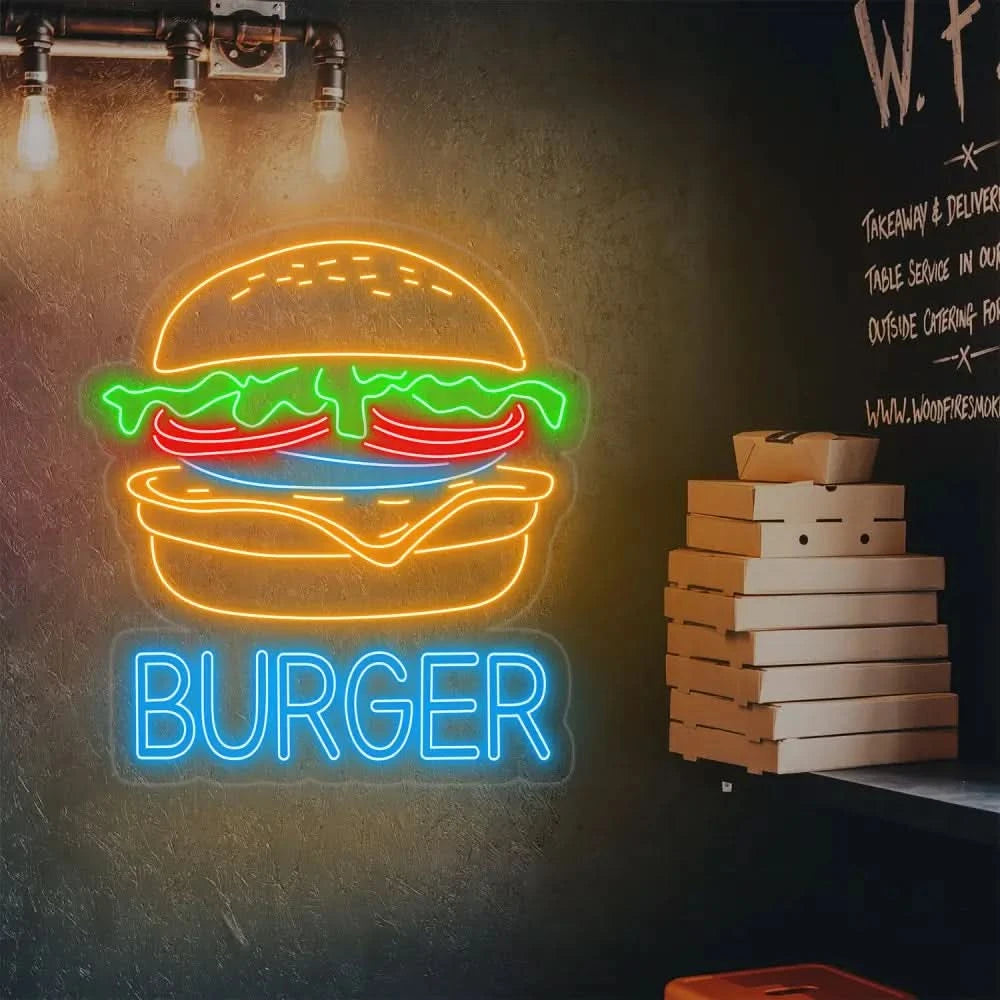 Burger Neon Sign Custom Hamburger Fast Food LED Neon Sign Night Light Home Wall Decor Restaurant Welcome Sign