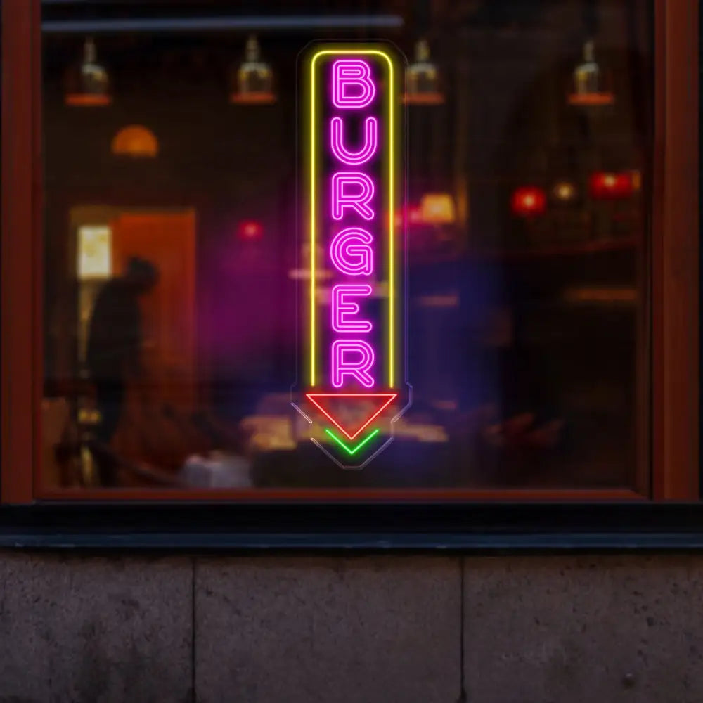 Burger Neon Sign Custom LED Burger Restaurant Sign Food & Drink Neon Light Vertical Burger Shop LED Wall Art Fast Food