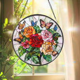 Butterfly & Rose Stained Glass Suncatcher Colorful Floral Window Hanging Garden Decor Gift for Mom Handmade Round Glass