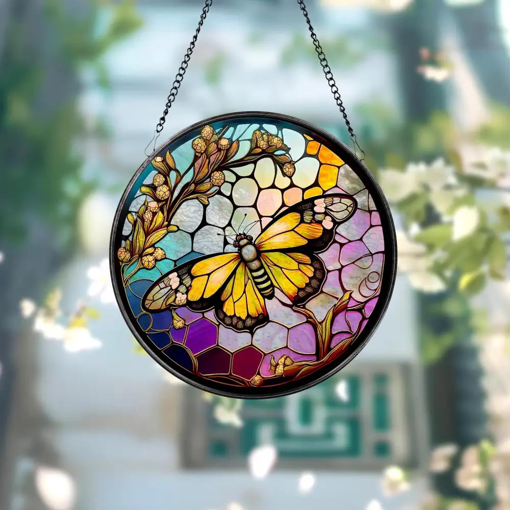Butterfly Stained Glass SunCatcher Butterfly Light Catcher Window Hanging Home Decor Butterfly with Flowers Garden