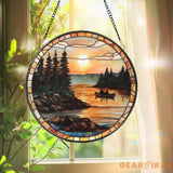 Canoe Lake Sunset Stained Glass Suncatcher Romantic Nature Window Hanging Cabin Wall Decor Gift for Outdoor & Camping
