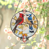 Cardinal and Blue Jay Stained Glass Suncatcher Colorful Bird Window Decor Nature-Inspired Panel Gift for Bird Lovers