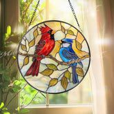 Cardinal and Blue Jay Stained Glass Suncatcher Colorful Bird Window Hanging for Nature Lovers Vibrant Floral Glass Panel