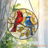 Cardinal and Blue Jay Stained Glass Suncatcher Colorful Bird Window Hanging for Nature Lovers Vibrant Floral Glass Panel