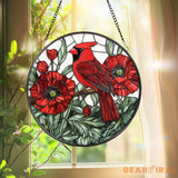 Cardinal and Red Poppy Stained Glass Suncatcher Round Floral Window Hanging Red Bird Sun Catcher Gift for Nature Lovers