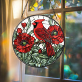 Cardinal and Red Poppy Stained Glass Suncatcher Round Floral Window Hanging Red Bird Sun Catcher Gift for Nature Lovers