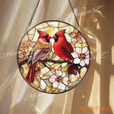 Cardinal Couple Stained Glass Suncatcher Red Bird Window Hanging Lovebird Glass Art Floral Bird Decor Memorial Gift