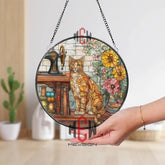 Cat and Sewing Machine Stained Glass Suncatcher Vintage Tailor Decor Floral Window Panel Gift for Cat Lovers and
