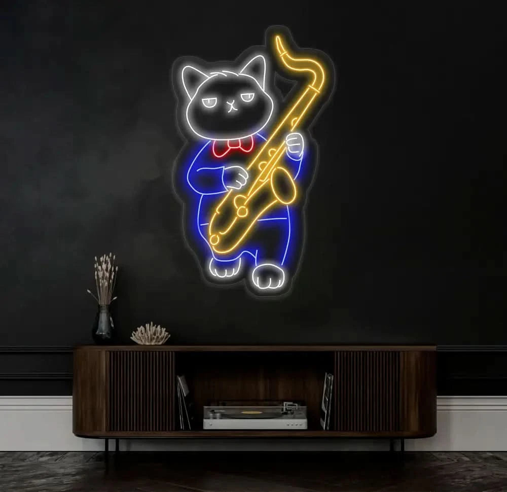 Cat Playing Saxophone Led Sign Cat Playing Saxophone Led Lights Saxophone Neon Sign Custom Neon Sign Saxophone Neon