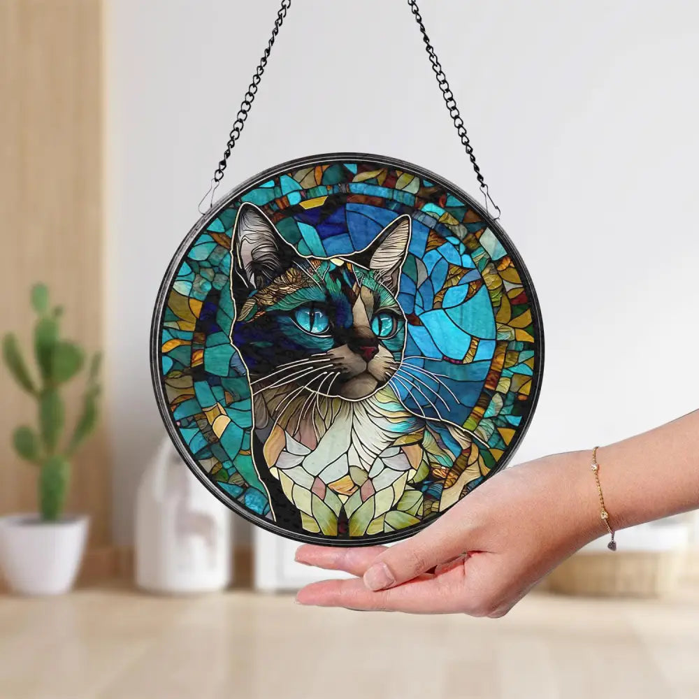 Cat Stained Glass Suncatcher Window Hanging Cat Ornament Gift for Cat Lovers Cat Mom Gift Garden Decor Mother’s Day Gift