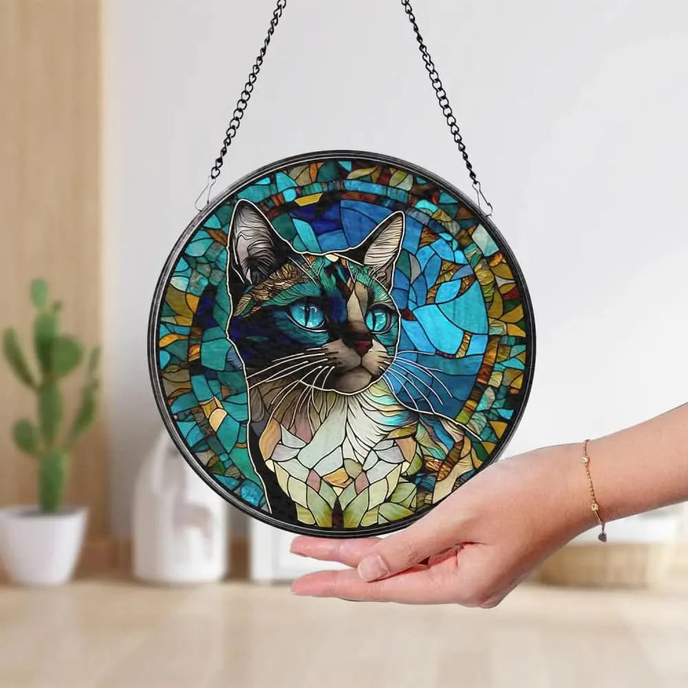 Cat Stained Glass Suncatcher Window Hanging Cat Ornament Gift for Cat Lovers Cat Mom Gift Garden Decor Mother’s Day Gift