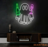 Champagne Ghost Neon Sign - Custom Halloween Bar Decor Wine and Spirits Neon Light Unique Party Wall Art LED Ghost Sign