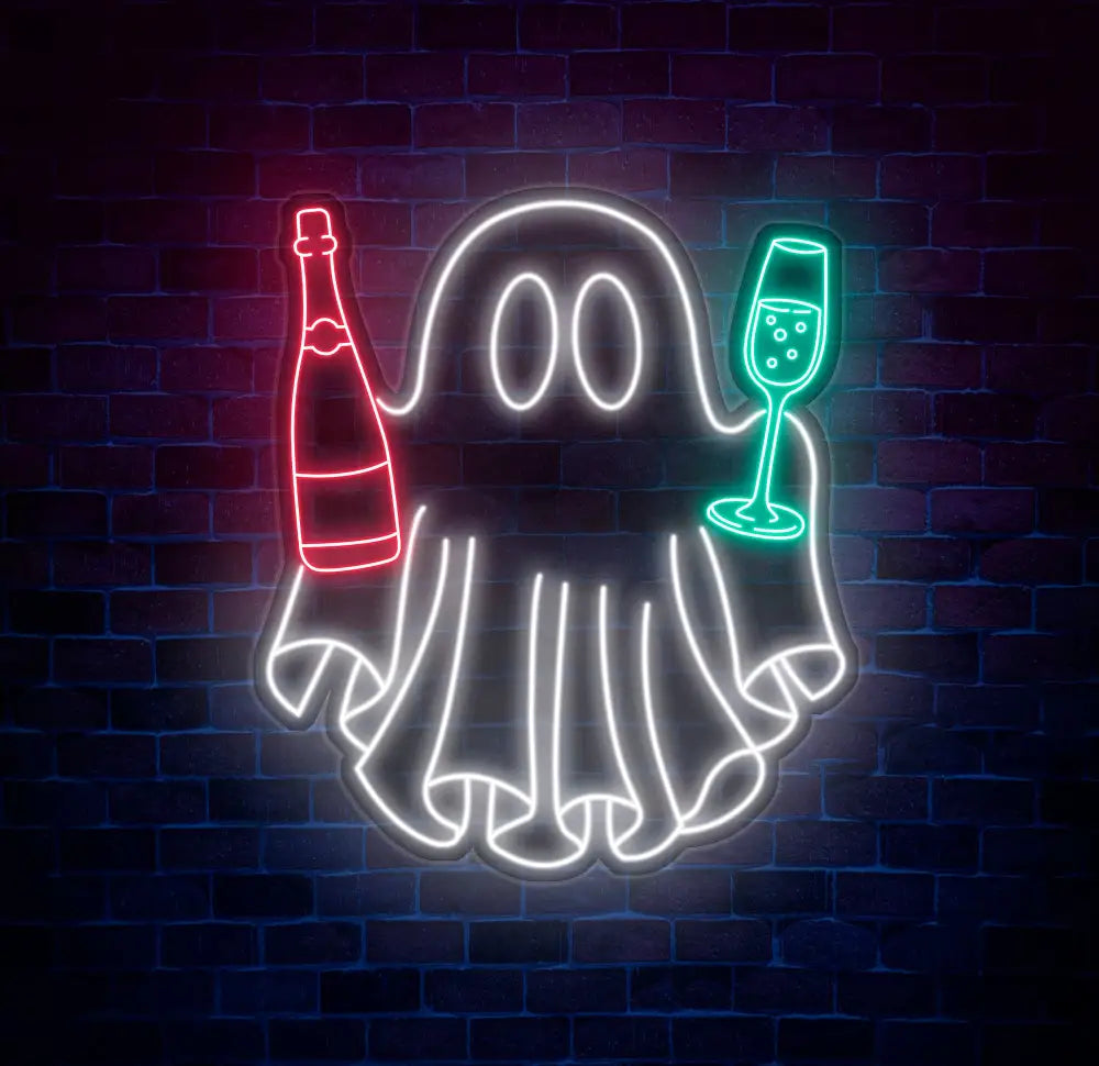 Champagne Ghost Neon Sign - Custom Halloween Bar Decor Wine and Spirits Neon Light Unique Party Wall Art LED Ghost Sign
