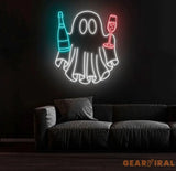 Champagne Ghost Neon Sign - Custom Halloween Bar Decor Wine and Spirits Neon Light Unique Party Wall Art LED Ghost Sign