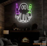 Champagne Ghost Neon Sign - Custom Halloween Bar Decor Wine and Spirits Neon Light Unique Party Wall Art LED Ghost Sign
