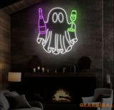 Champagne Ghost Neon Sign - Custom Halloween Bar Decor Wine and Spirits Neon Light Unique Party Wall Art LED Ghost Sign