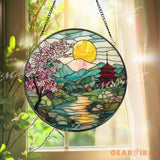 Cherry Blossom Stained Glass Suncatcher Japanese Sunrise Landscape Panel Mountain River Window Decor Pagoda Garden Gift