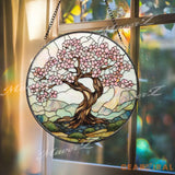 Cherry Blossom Tree Stained Glass Suncatcher Spring Window Hanging Decor Zen Nature Art Panel Pink Floral Glass Gift