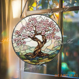 Cherry Blossom Tree Stained Glass Suncatcher Spring Window Hanging Decor Zen Nature Art Panel Pink Floral Glass Gift