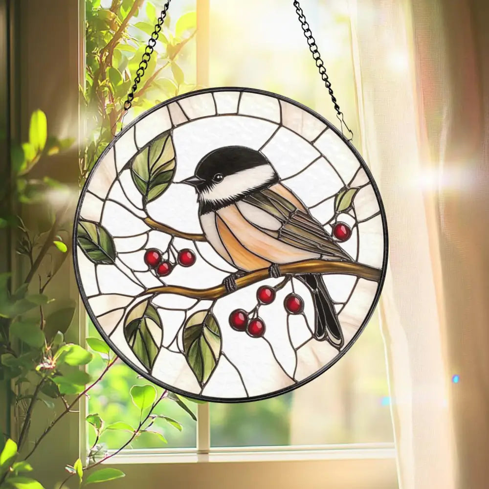 Chickadee Bird Stained Glass Suncatcher Round Window Hanging Panel Black-Capped Chickadee Decor Nature Lover Gift Bird