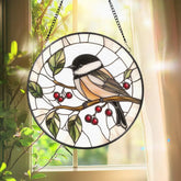 Chickadee Bird Stained Glass Suncatcher Round Window Hanging Panel Black-Capped Chickadee Decor Nature Lover Gift Bird