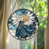 Chickadee Bird Stained Glass Suncatcher Round Window Hanging Panel Black-Capped Chickadee Decor Nature Lover Gift Bird