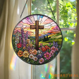 Christian Cross Stained Glass Suncatcher Floral Sunrise Window Hanging Faith Gift for Mom Religious Home Decor Easter