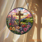 Christian Cross Stained Glass Suncatcher Floral Sunrise Window Hanging Faith Gift for Mom Religious Home Decor Easter