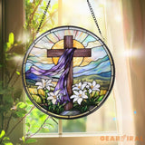 Christian Cross Stained Glass Suncatcher Sunset Cross Window Hanging Religious Home Decor Jesus Faith Ornament Floral