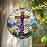 Christian Cross Stained Glass Suncatcher Sunset Cross Window Hanging Religious Home Decor Jesus Faith Ornament Floral
