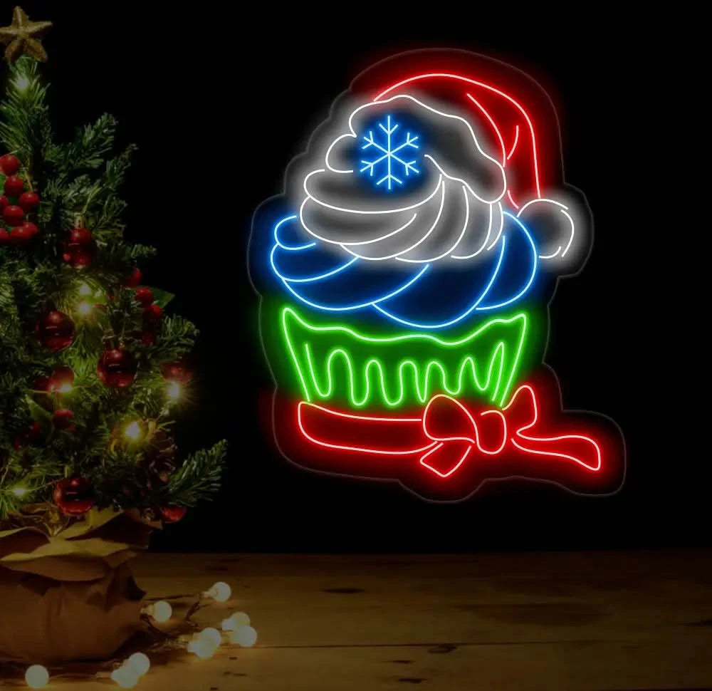 Christmas Cupcake Neon Sign Festive Dessert LED Light Custom Holiday Cupcake Neon Art Santa Hat Neon Wall Light Holiday