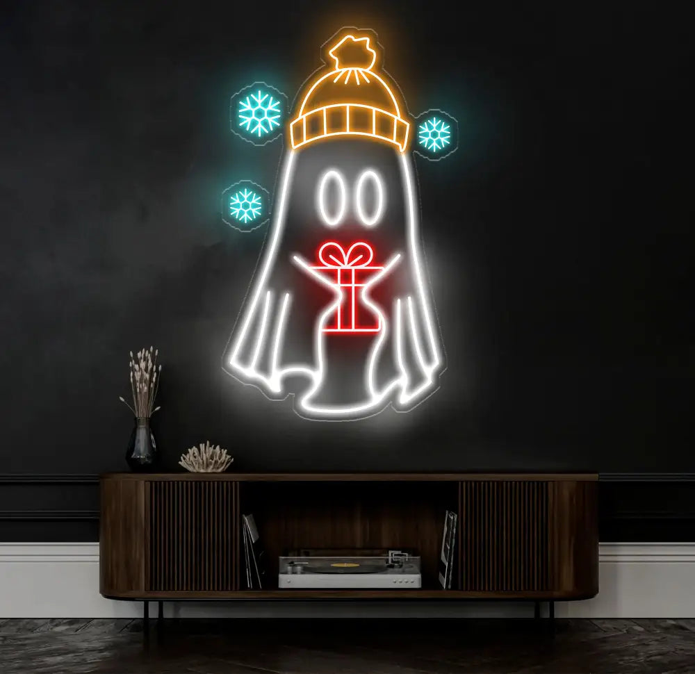 Christmas Ghost Neon Sign - Custom Holiday LED Light Winter Ghost Decor with Gift Festive Wall Art Christmas Party