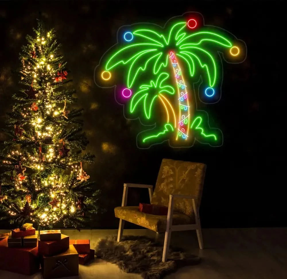 Christmas Palm Tree Neon Sign - Merry Christmas LED Light Palm Tree Christmas Wall Art Festive LED Tree Light Holiday