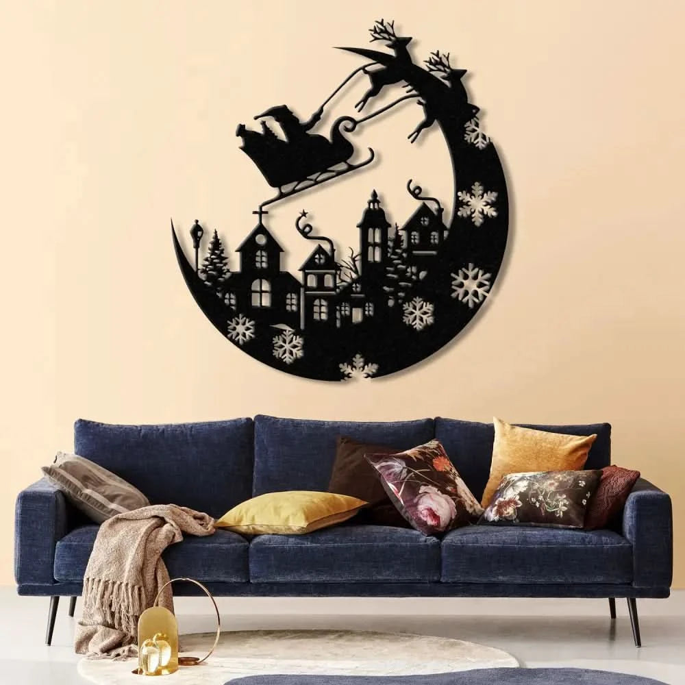 Christmas Sleigh Metal Sign with LED Light – Custom Santa and Reindeer Wall Art – Perfect Holiday Decoration for