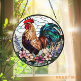 Colorful Rooster Stained Glass Suncatcher with Flowers Vibrant Farmhouse Window Hanging Rustic Country Chicken Decor