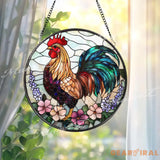 Colorful Rooster Stained Glass Suncatcher with Flowers Vibrant Farmhouse Window Hanging Rustic Country Chicken Decor