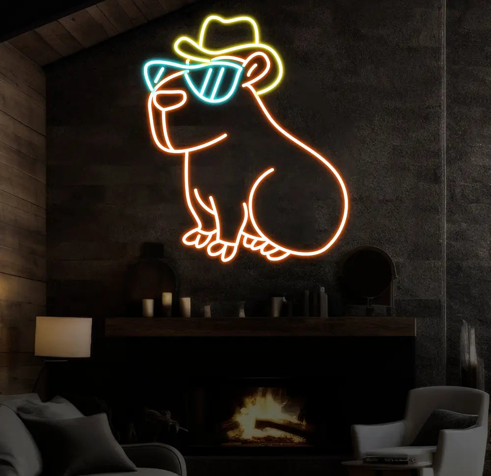 Cool Capybara Neon Sign Cute Animal with Glasses & Hat LED Signs for Wall Decor Cartoon Neon Lights for Bedroom