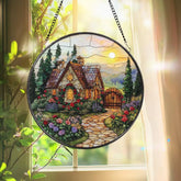 Cottage Garden Stained Glass Suncatcher Round Fairy House Window Hanging Whimsical Floral Window Decor Gift for Mom