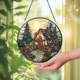 Cottage Garden Stained Glass Suncatcher Round Fairy House Window Hanging Whimsical Floral Decor Gift for Mom Nature