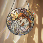 Cottage Garden Stained Glass Suncatcher Round Fairy House Window Hanging Whimsical Floral Window Decor Gift for Mom